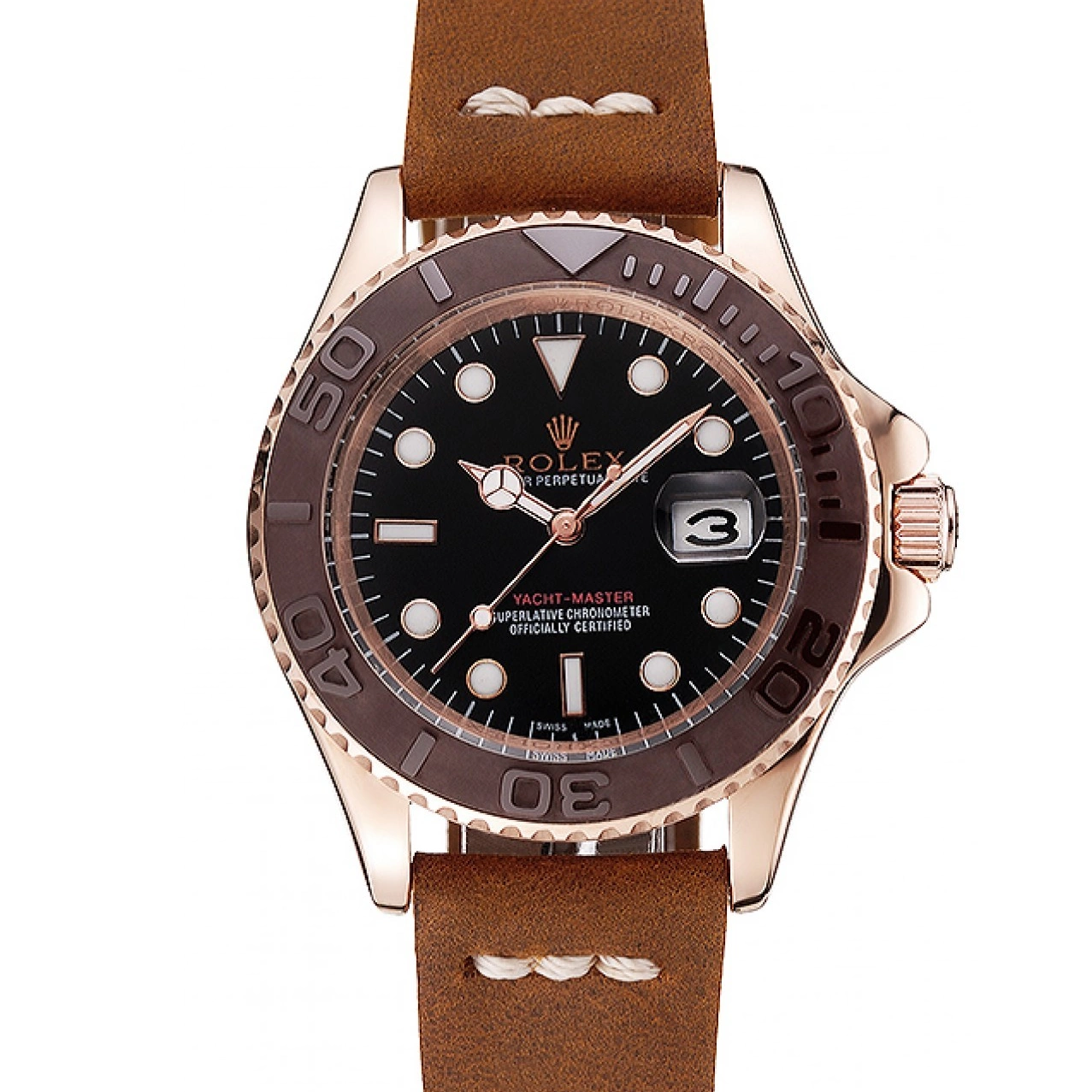 AAA Replica Watches Rose Brown Brown Case Yacht Dial Master Rolex Black Bracelet Bezel 1453860 Gold Leather 0521